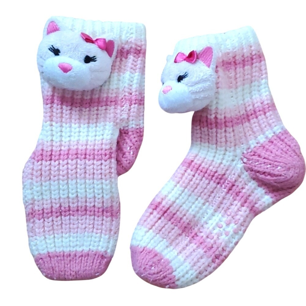 Girls Knitted Pink Striped Cat Nonslip Sock‎ Slippers